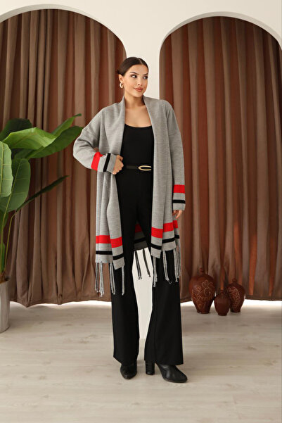 bacc Women's grey tasseled color block long knit cardigan bces-253002