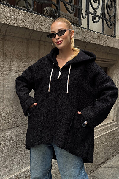 bacc Jachetă neagră pentru femei, cu cu glugă buzunare duble, supradimensiona...