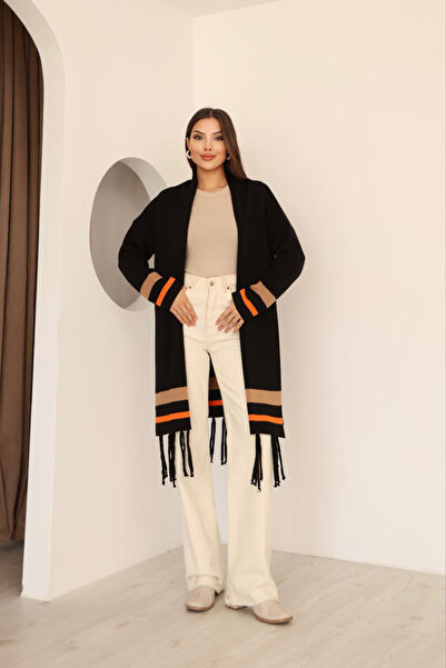 bacc Women's black tasseled color block long knit cardigan bces-253002