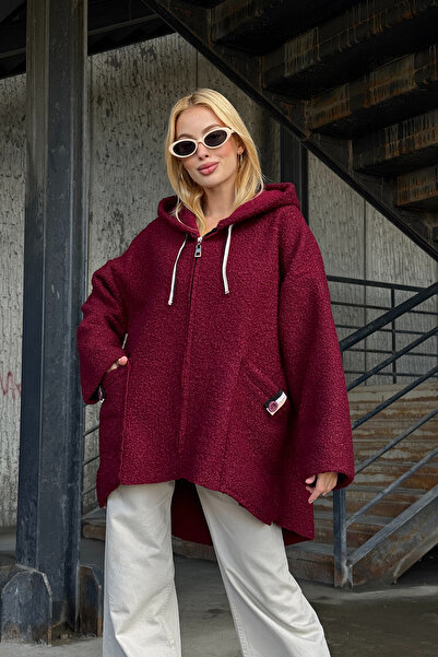 bacc Kadın Bordo Kapüşonlu Çift Cepli Oversize Buklet Ceket Mont BCVL-25V605