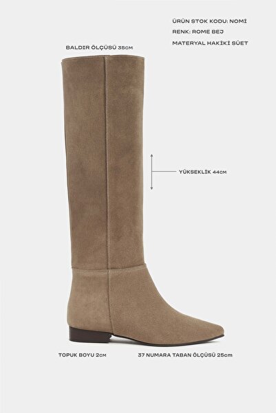 NİŞANTAŞI SHOES Nomi Rome Bej Süet Hakiki Deri Sivi Burun Kadın Düz Taban Çizme