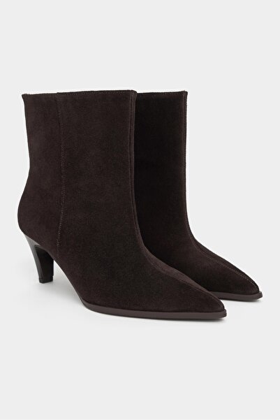 NİŞANTAŞI SHOES Yang Kahve Hakiki Süet Kitten Topuk Sivri Burun Kadın Bootie