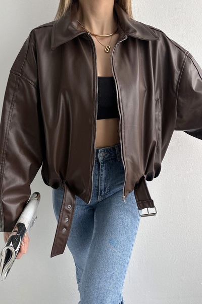 Moderk PB Yeni Sezon Kemerli Oversize Bomber Kadın Deri Ceket
