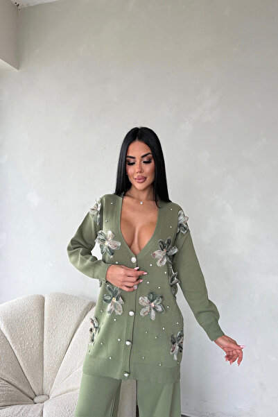 kamacibutik V-Neck Embroidered Bead Detailed Knitwear Set