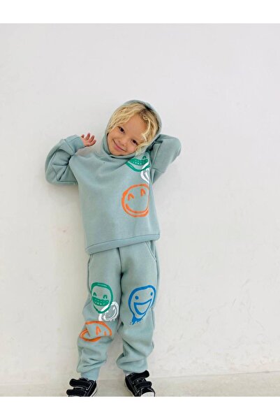 CANSU BUTİK طقم رجالي أخضر اللون بنمط إيموجي مع قلنسوة وسترة مبطنة