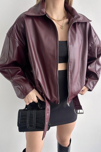 Moderk PB Yeni Sezon Kemerli Oversize Bomber Kadın Deri Ceket