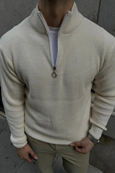 oneoff 3 Pack Men's Corded Fabric Half Zipper Collar Detailed Knitwear Baby Beige Burgundy Sweater