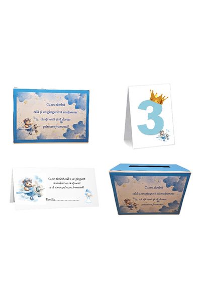 OEM Set BotezUrsuleț Bleu - 50 plicuri + 1 cutie + 10 numere masa
