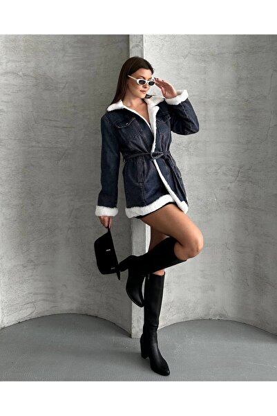 auzou eveil Kadın kuşaklı içi kürklü denim mont