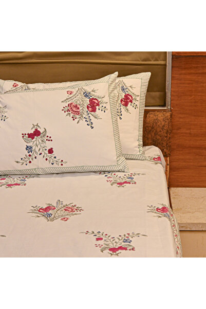 SARAS LABEL Heritage Block Print 100% Cotton Percale Bedsheet with 2 Pillowcases