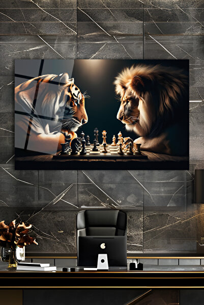 GlassWallArt Satranç Oynayan Aslan ve Kaplan Cam Tablo Hediyelik, Salon, İşyeri, Ofis, Büyük, Duvar Dekoru
