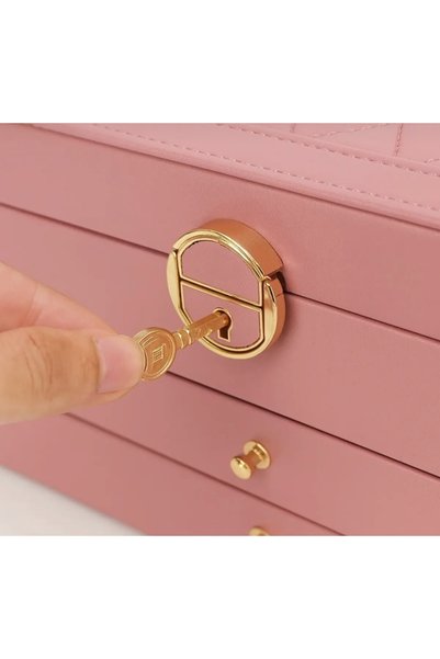 Generic Brand Pink Outside Leather Inside Velvet 3 Layers Jewelry Bijouterie Jewellery Box Organizer