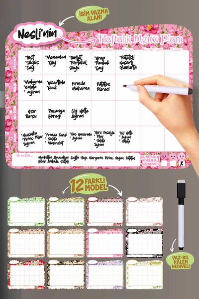 cici magnet www.cicimagnet.com Vintage Pembe Çiçekler Temalı Haftalık Menü Pl...