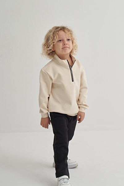 EBU Prive Unisex Children's Interlock Half Zipper Sweat Beige