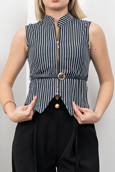 MissVina Hakim Collar Striped Denim Vest 9134