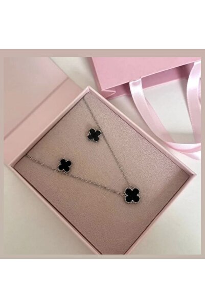 ANGELSS JEWELLERY طقم أقراط وقلادة من الفولاذ باللون الأسود والفضي من ماركة ي...