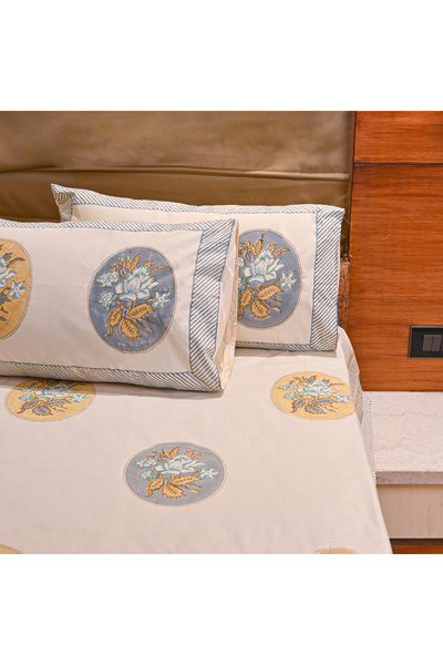 SARAS LABEL Heritage Block Print 100% Cotton Percale Bedsheet with 2 Pillowcases