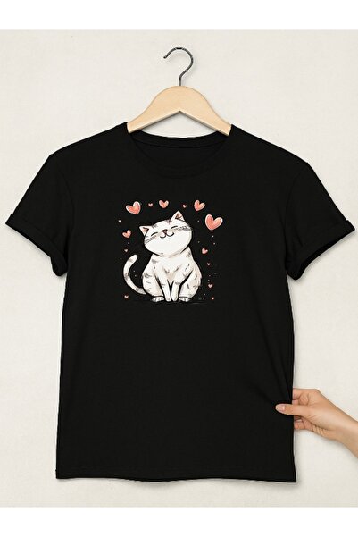 TİMİSİVA Unisex Oversize KALPLİ KEDİ Baskılı Pamuklu Bisiklet Yaka Kısa Kollu...