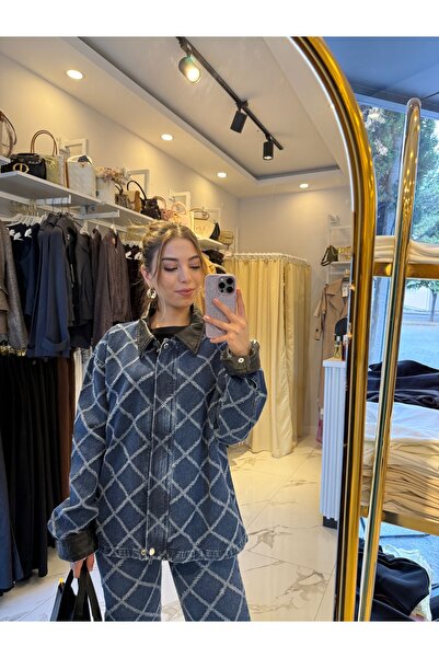 Quzu Yakası deri detaylı denim ceket
