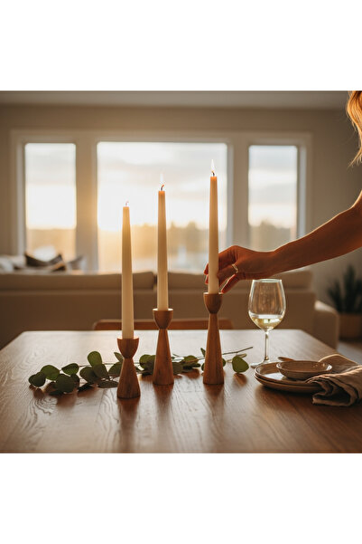 U Atölye El Yapımı Ahşap Şamdan Seti – Minimalist Dekoratif Mumluk (3’lü Set)