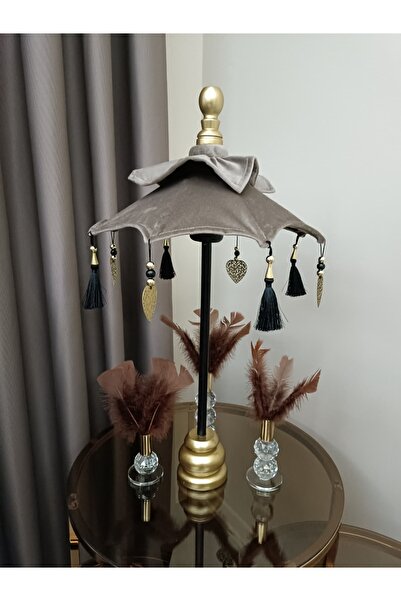 Handmade Dekoratif Bali Şemsiye Gümüş Kadife 60 cm