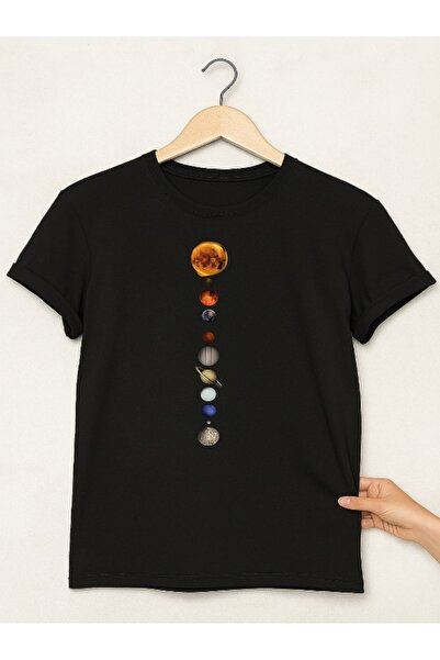 TİMİSİVA Unisex Oversize GEZEGENLER Baskılı Pamuklu Bisiklet Yaka Kısa Kollu ...