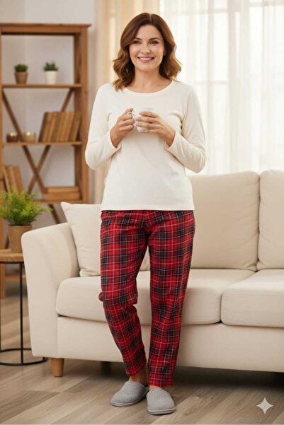 miadora cotton Kadın %100 Pamuklu Rahat Beli Lastikli Ekose Desenli Pijama Altı