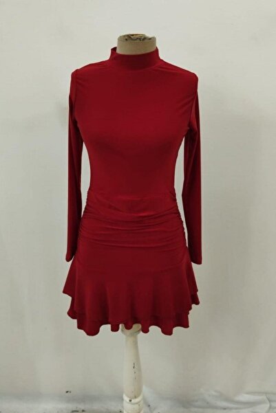 Mossta Turtleneck Drawstring Detailed Ruffled Mini Sandy Dress - Red