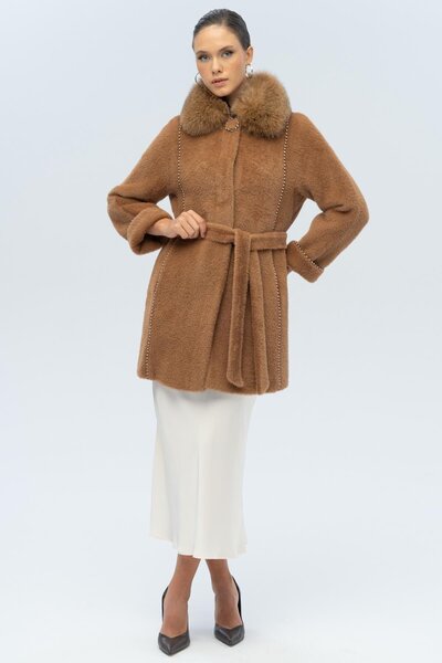 Olcay Removable Fur Pearl Detailed Plush Coat Taba 3098-Tk