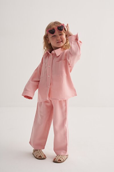 EBU Prive Unisex Çocuk Dökümlü Pamuklu Gömlek Pembe