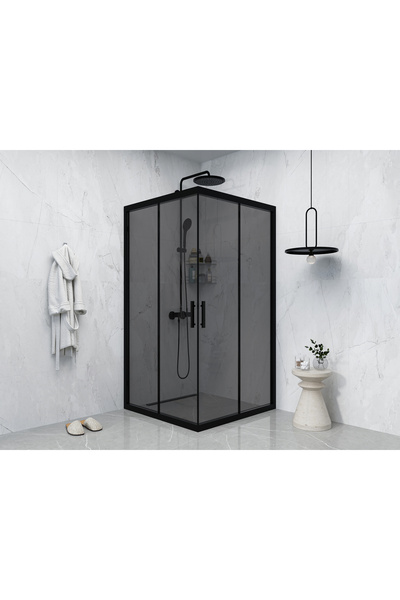 PointPro Point Duşakabin 110 X 110 Füme Cam Kare Köşe Girişli Kabin Siyah Profil 6mm