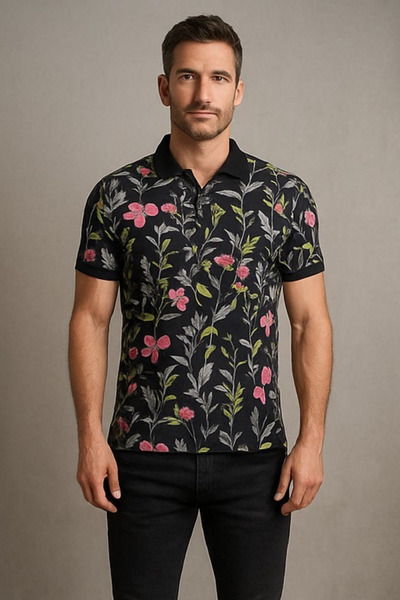 RANDOM Erkek Polo Yaka Çiçek Desenli Kontrast Yaka Slim Fit Tişört