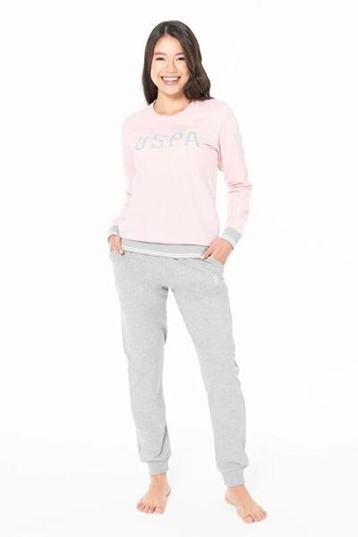 U.S. Polo Assn. Women's Pink Color Long Sleeve Crew Neck Elastic Leg Pajama Set C7T1N102