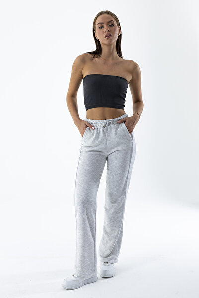 GİYSA Kadın Beli Lastikli Çift Cepli Bol Paça Eşofman Altı Gri - MW0000200