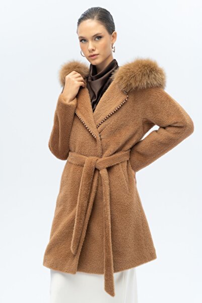 Olcay Plush Coat with Fur Hood and Pearl Detail Taba 3097-Tk