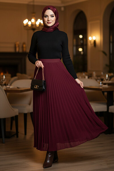 N.S NEVA STYLE Pleated Burgundy Hijab Skirt 92161Br