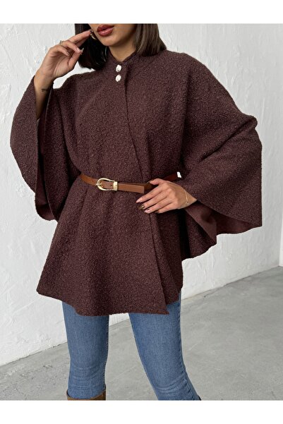 BEJNA Brauner Damen-Poncho aus Bouclé-Stoff mit Knopfdetail und Gürtel