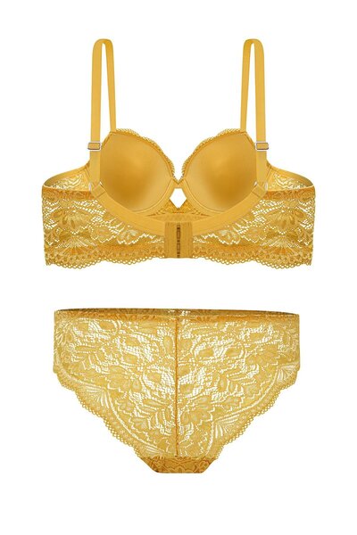 Wonna Lace Low-Cut Bra Panty Set Push Up, 2451 Mustard