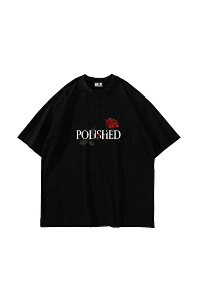 Sekizbiraltı Polished Rose Printed Oversize Unisex Black Tshirt