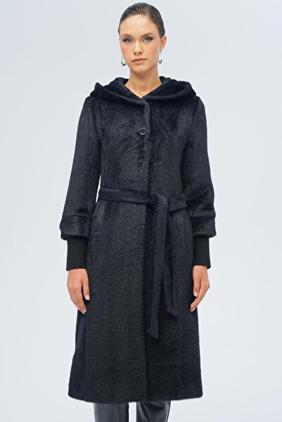 Olcay Hooded Ribbed Detailed Plush Coat Black 3118