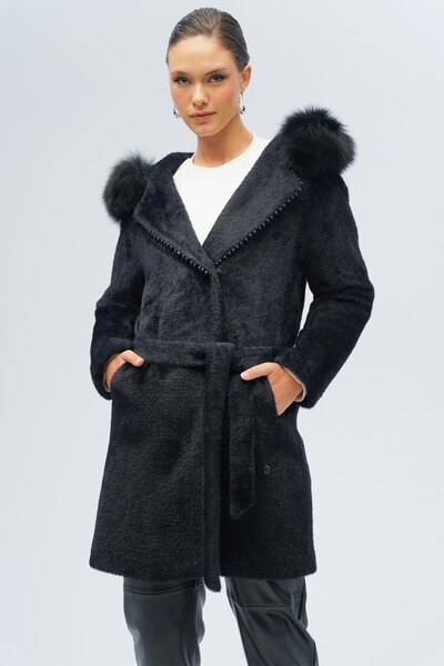 Olcay Plush Coat with Fur Hood and Pearl Detail Black 3097-Tk