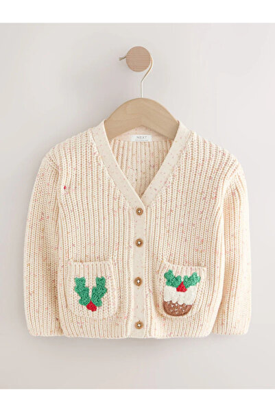 Next Baby 100% Organic Cotton Cream Colored Christmas Embroidered Children's Cardigan Alyf59993