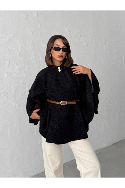 BEJNA Women's Black Button Detailed Belted Boucle Fabric Cashmere Poncho