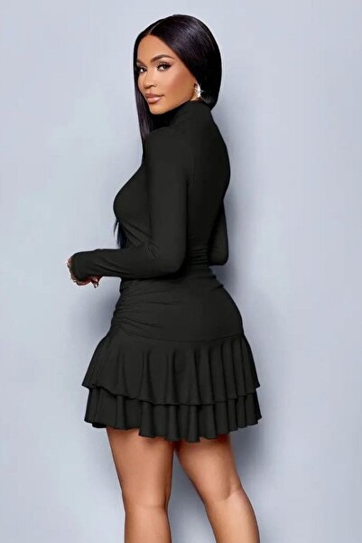 Mossta Rochie mini Sandy cu volane detaliu încrețit - Negru