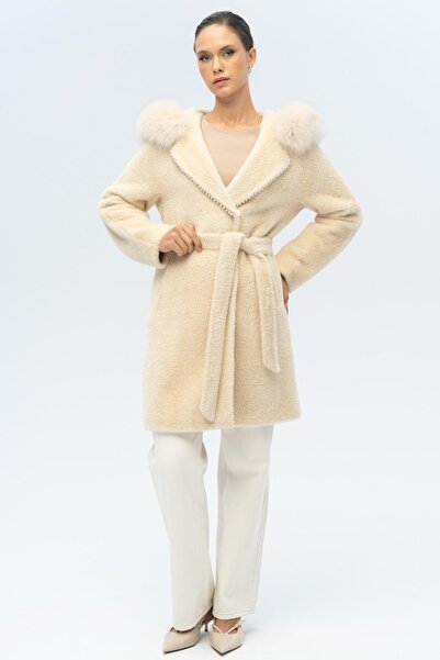 Olcay Plush Coat with Fur Hood and Pearl Detail Beige 3097-Tk