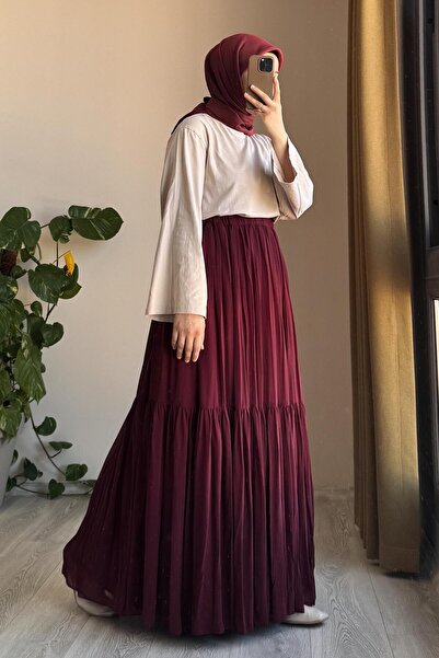 ANDE Şifon Astarlı Crush Etek-Bordo