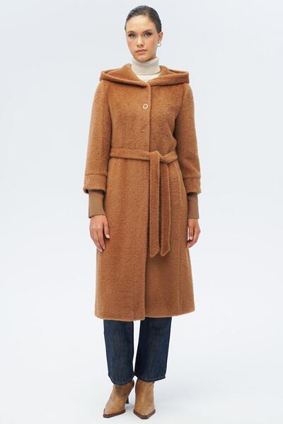 Olcay Hooded Ribbed Detailed Plush Coat Taba 3118