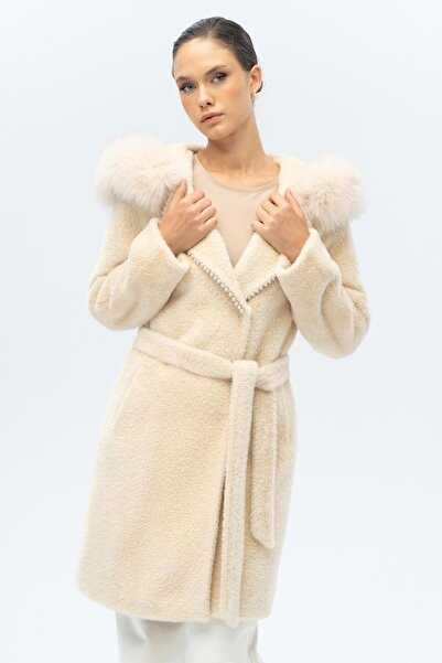 Olcay Plush Coat with Fur Hood and Pearl Detail Beige 3097-Tk