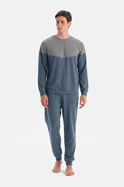 Eros Σετ πιτζάμες με μακρυμάνικο μπλουζάκι με λεπτομέρεια από ύφασμα Indigo Melange