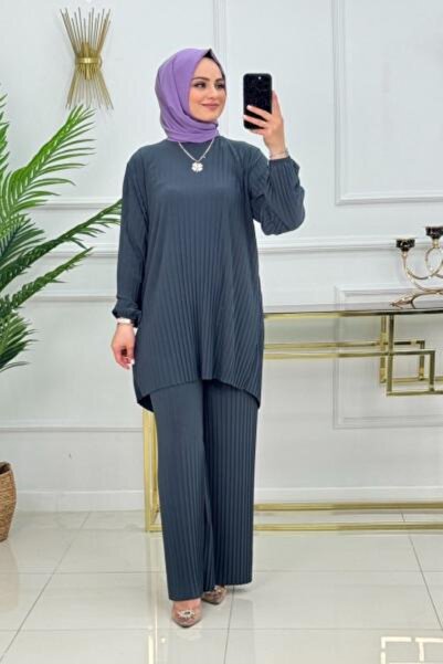 Enans Design Corded Fabric Knitwear Double Tunic Pants Hijab Set Yeşim